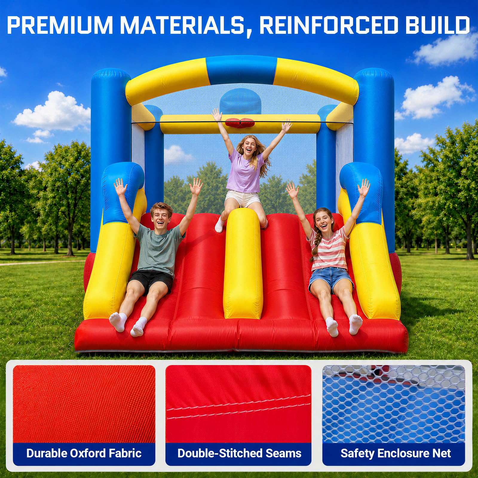 Inflatable Bounce House 12x9Ft with Double Slides & Basketball Hoop for Indoor Outdoor Family Backyard Parties