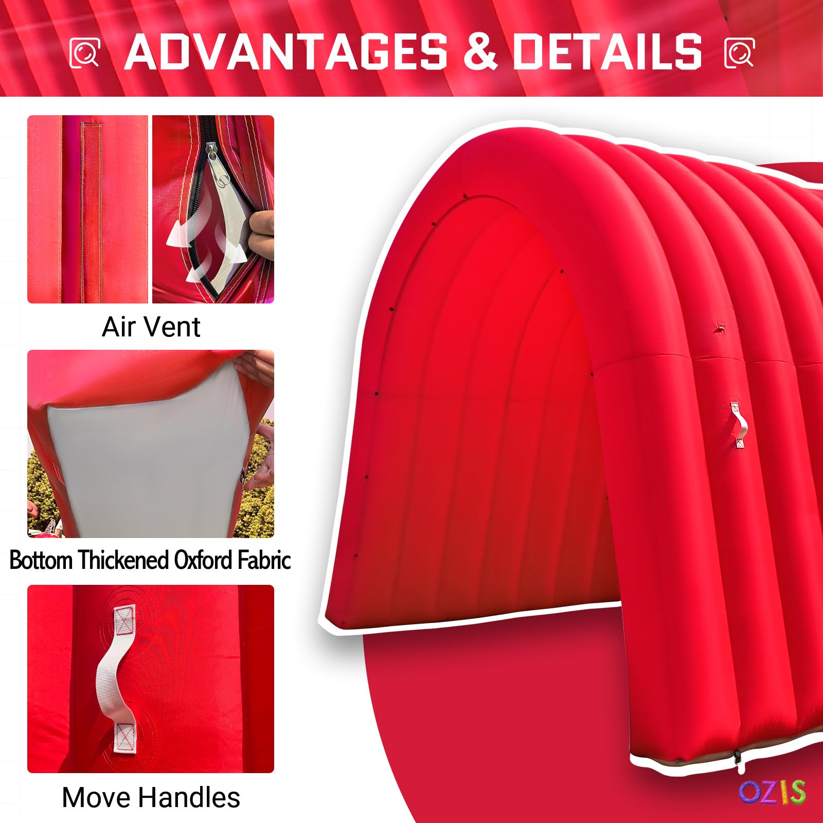 OZIS Inflatable Tunnel Sports Tunnel Entrance with Installed Blower Red 16x10x10ft