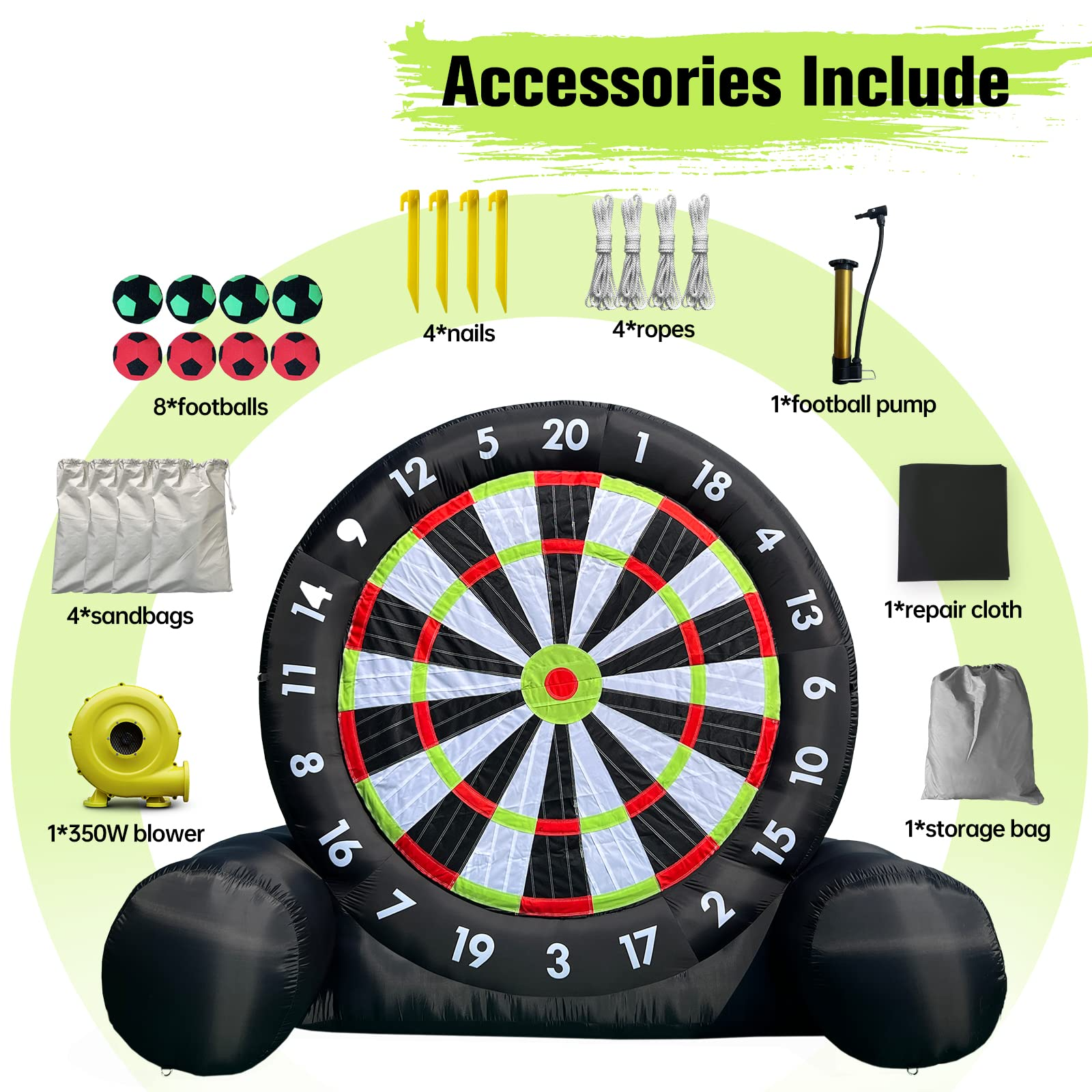 OZIS 10Ft Tall Giant Inflatable Soccer Ball Darts Board with 8pcs Soccer Ball & 350W Blower - Support Frame for Kick Dartboard Sport Game for Outdoor Backyard Active Play for Kids and Adults