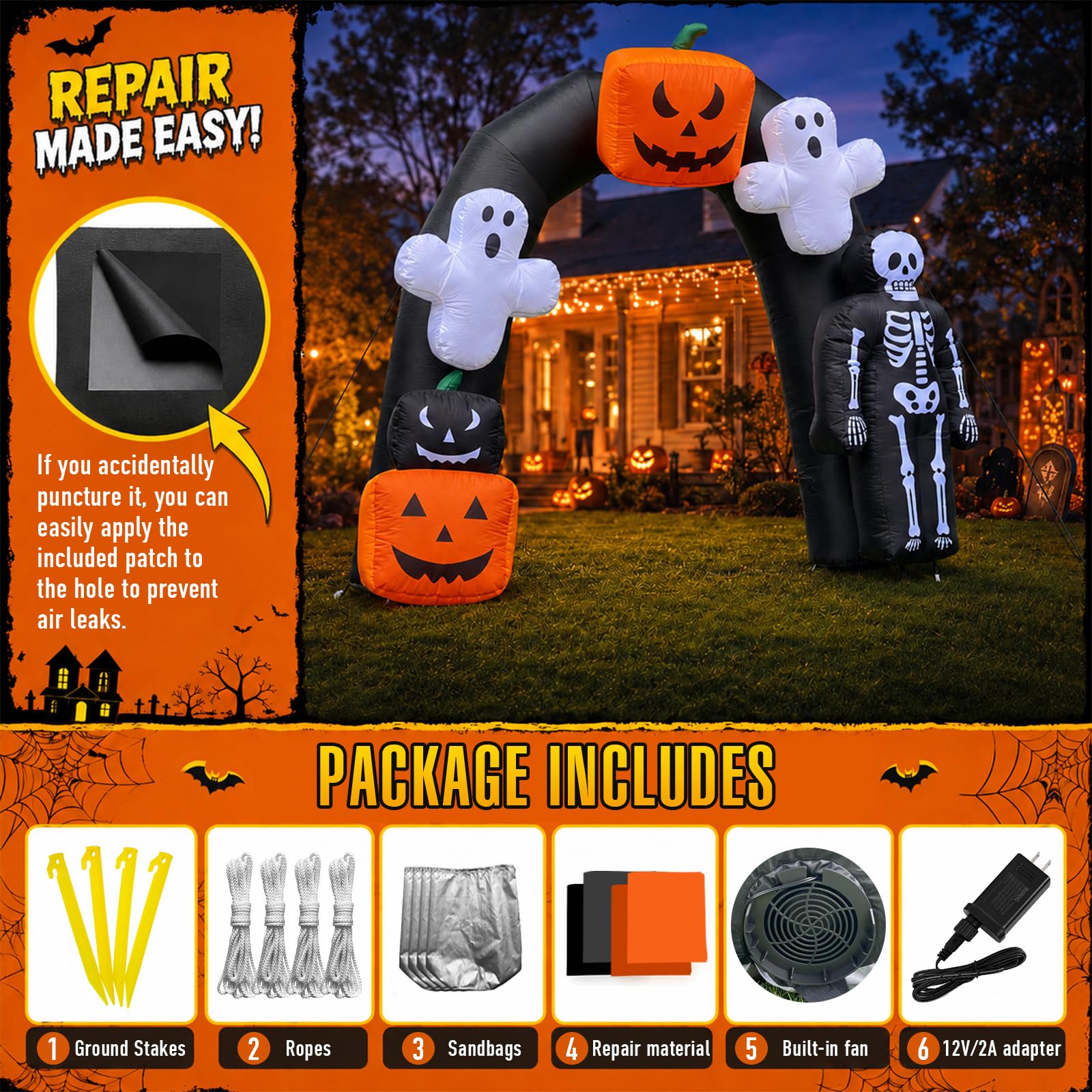 8FT Halloween Ghost Pumpkin Inflatable Arch with LED Lights, Outdoor Party & Yard Decoration