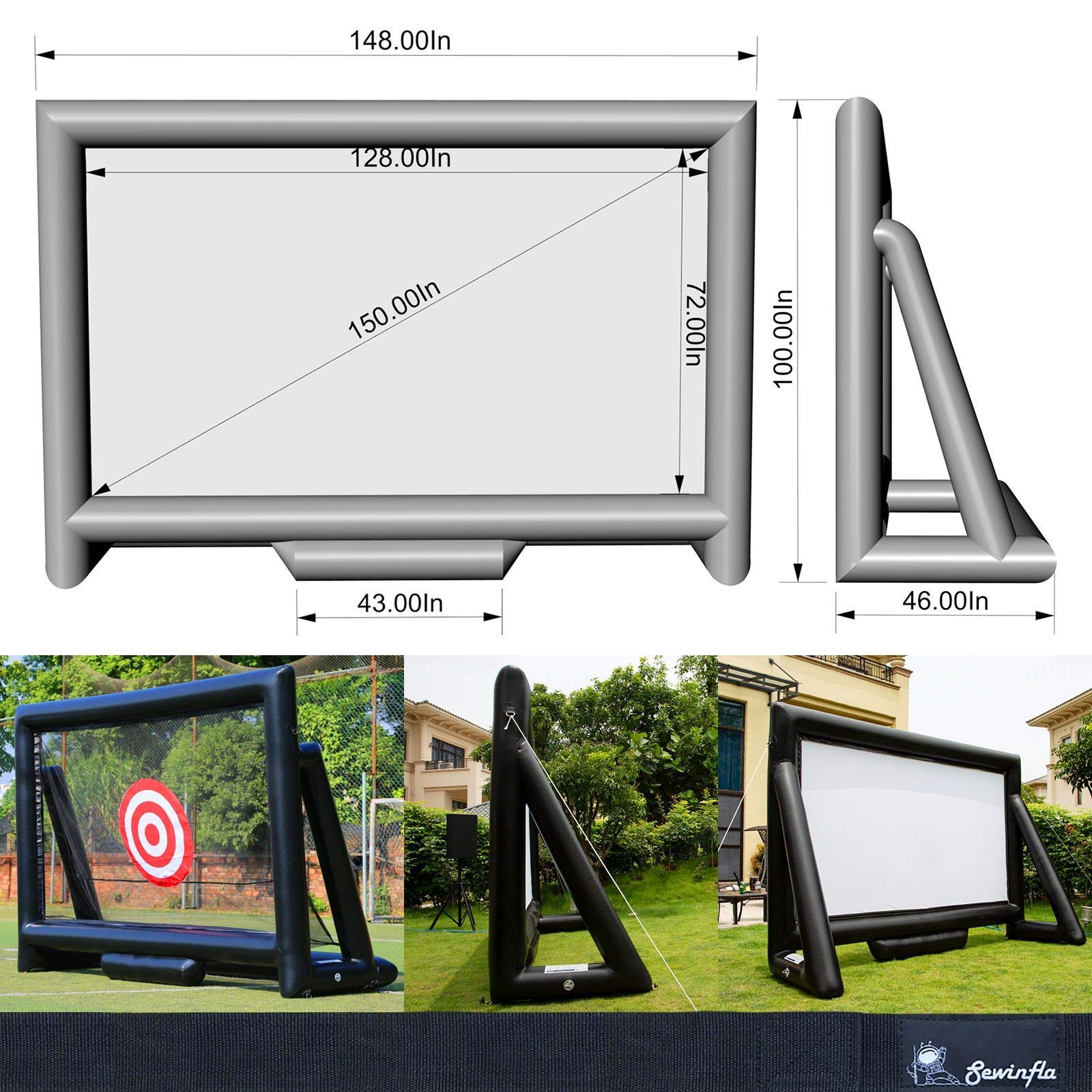 Sewinfla Airtight Movie Screen 15FT Inflatable Golf Practice Net Combination, Support Front & Rear Projection, No Need to Keep Inflating