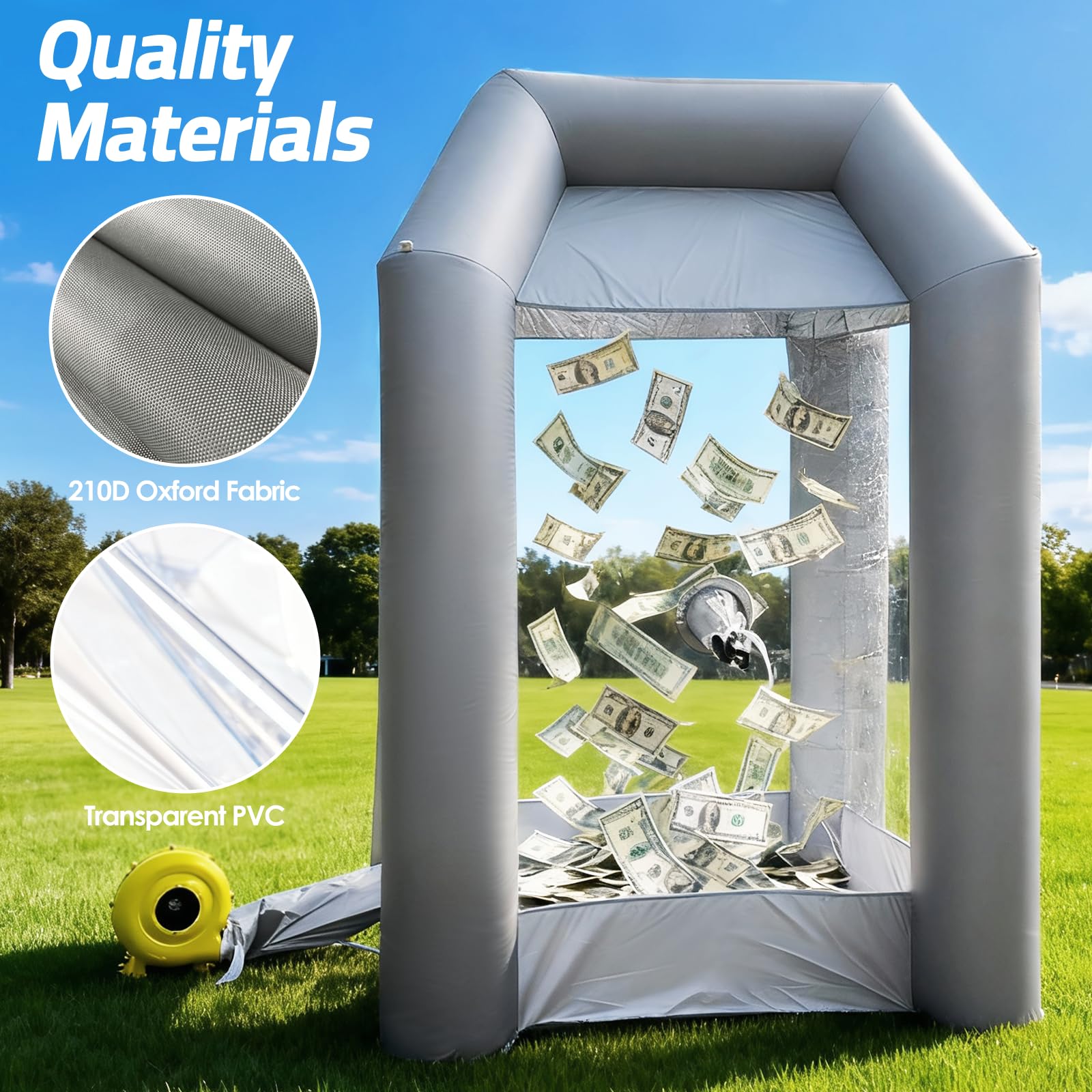 Inflatable Money Blowing Booth 5.2x5.2x8.2FT with 2 Blowers Cash Cube Game for Events