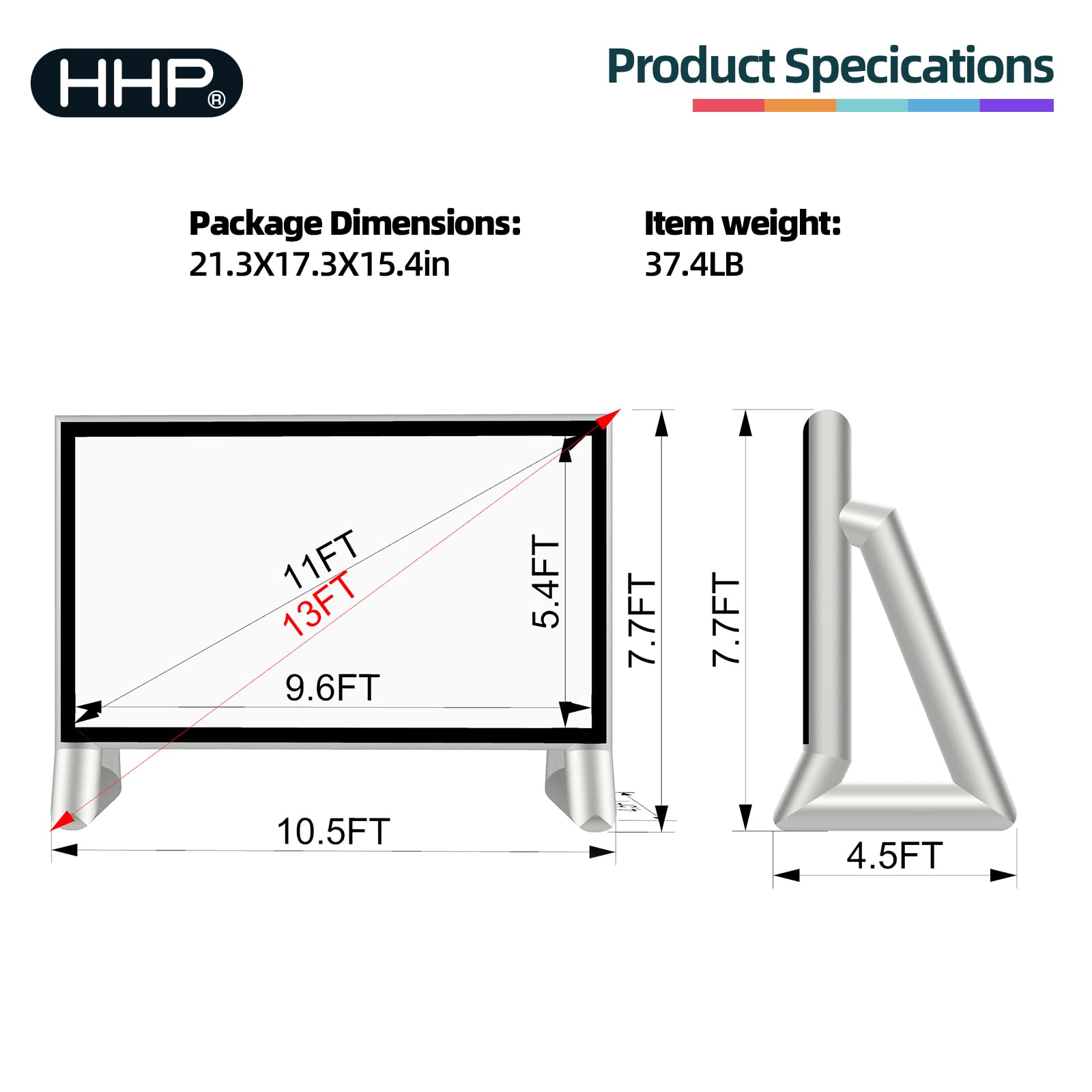 HHP 13Ft Airtight Projector Movie Screen Made of PVC, Waterproof Inflatable Movie Screen No Blower No Noise - Support Front Rear Projection - for Indoor, Outdoor, Pool, Garden and Backyard Parties