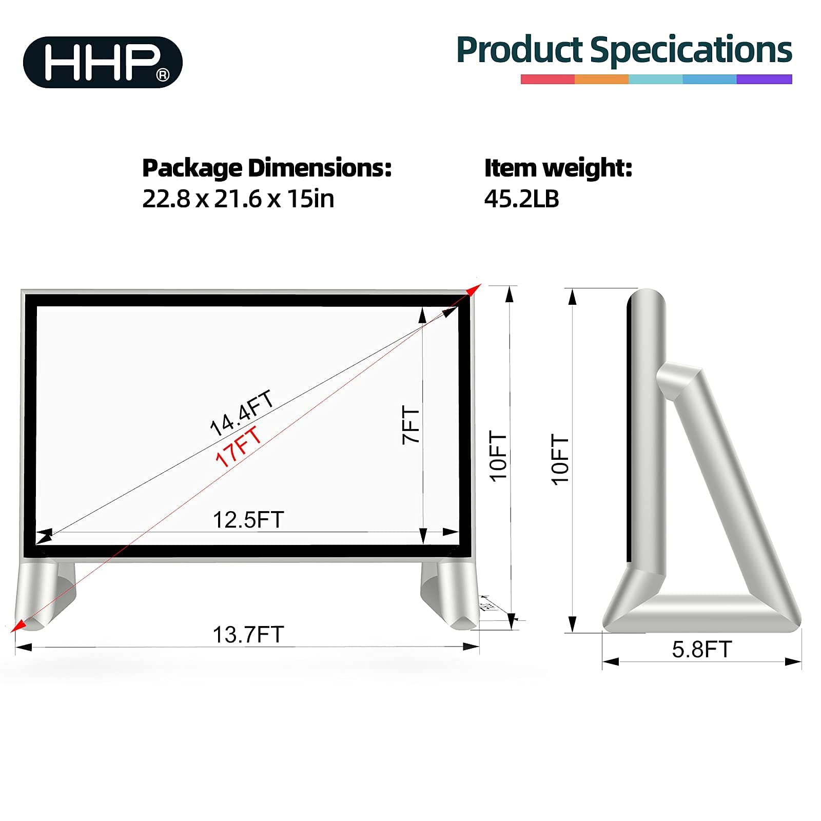 HHP 17Ft Airtight Projector Movie Screen Made of PVC, Waterproof Inflatable Movie Screen No Blower No Noise - Support Front Rear Projection - for Indoor, Outdoor, Pool, Garden and Backyard Parties