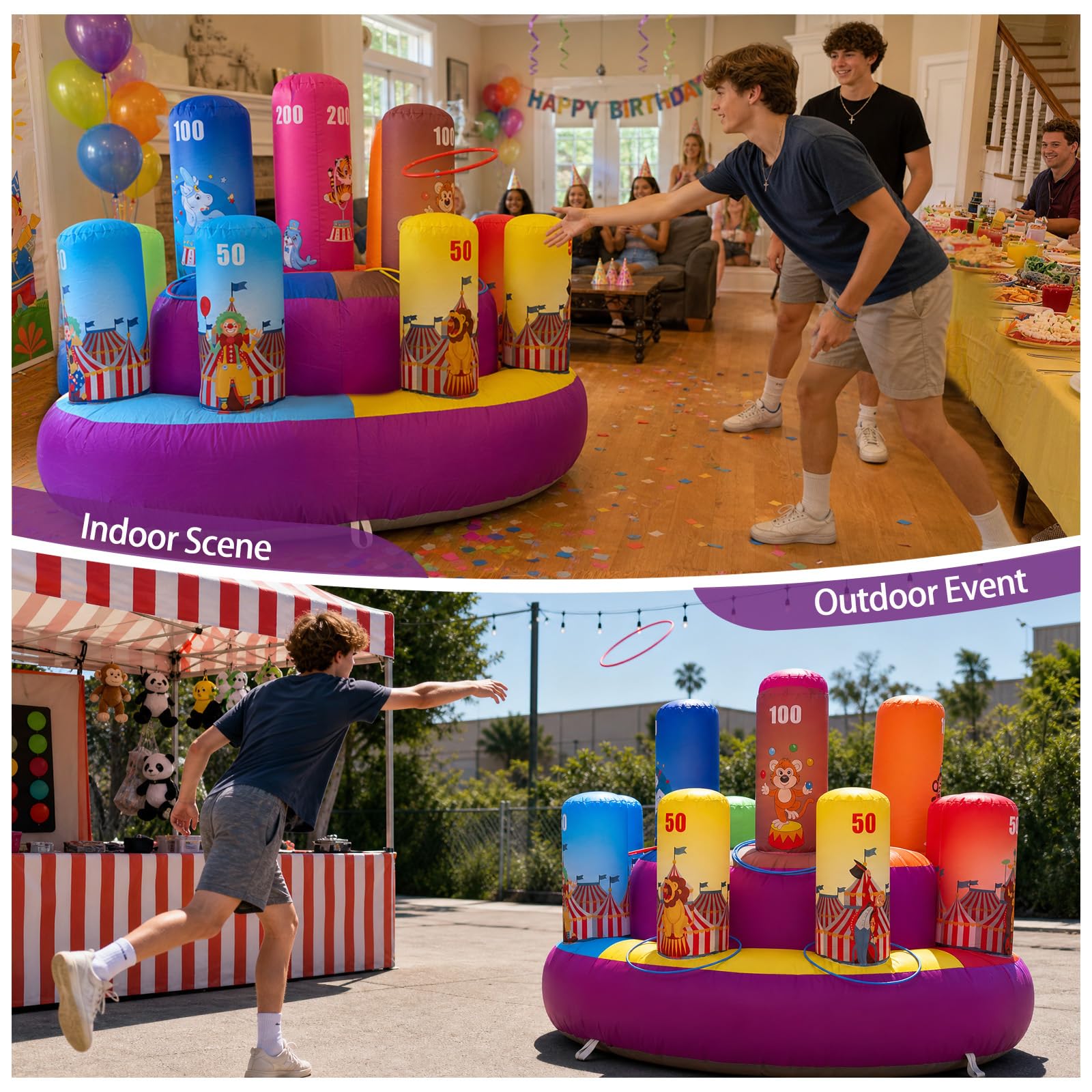 Inflatable Ring Toss Carnival Game 6.6x4.5Ft with Scoring Targets – Portable Party Game for Kids & Families