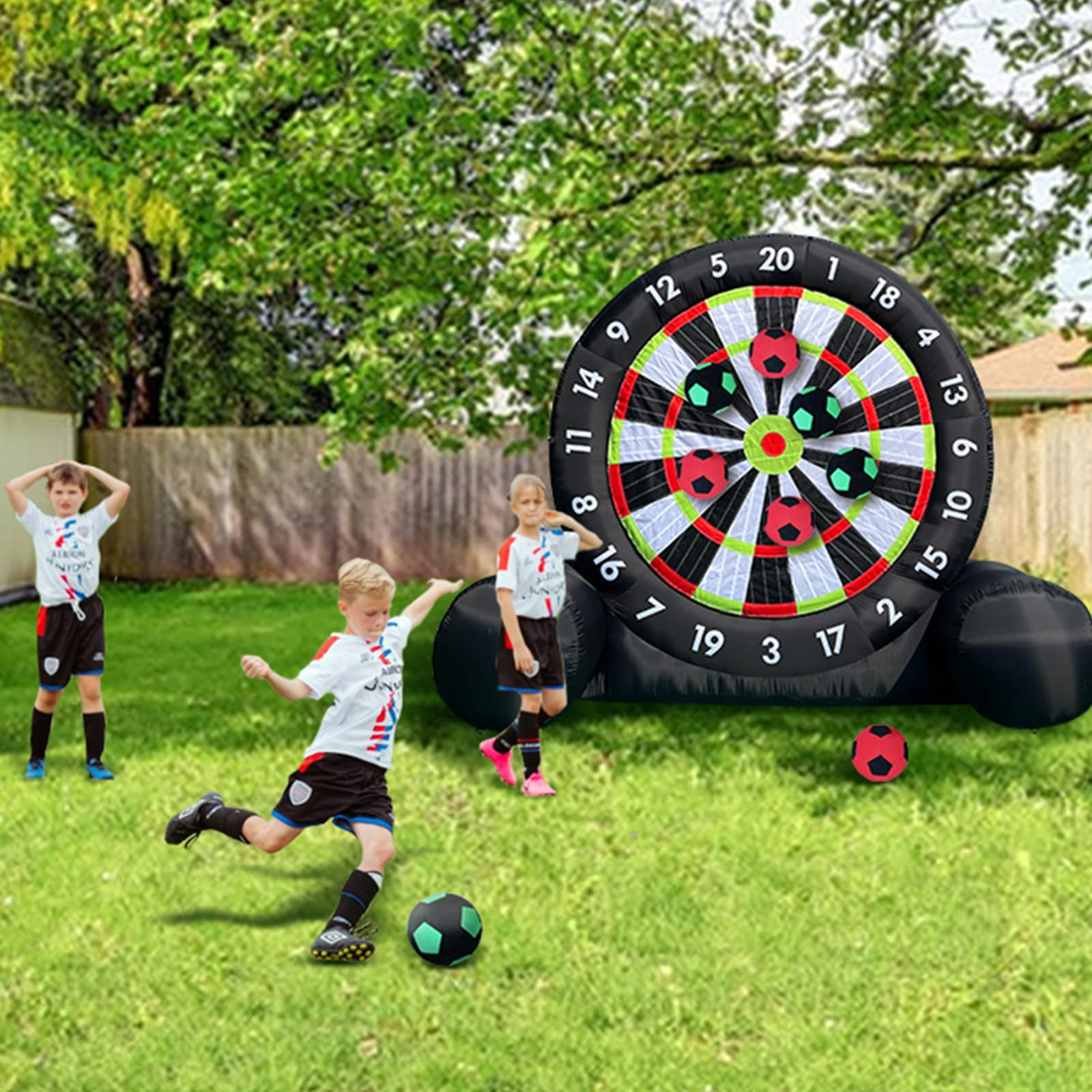 OZIS 10Ft Tall Giant Inflatable Soccer Ball Darts Board with 8pcs Soccer Ball & 350W Blower - Support Frame for Kick Dartboard Sport Game for Outdoor Backyard Active Play for Kids and Adults