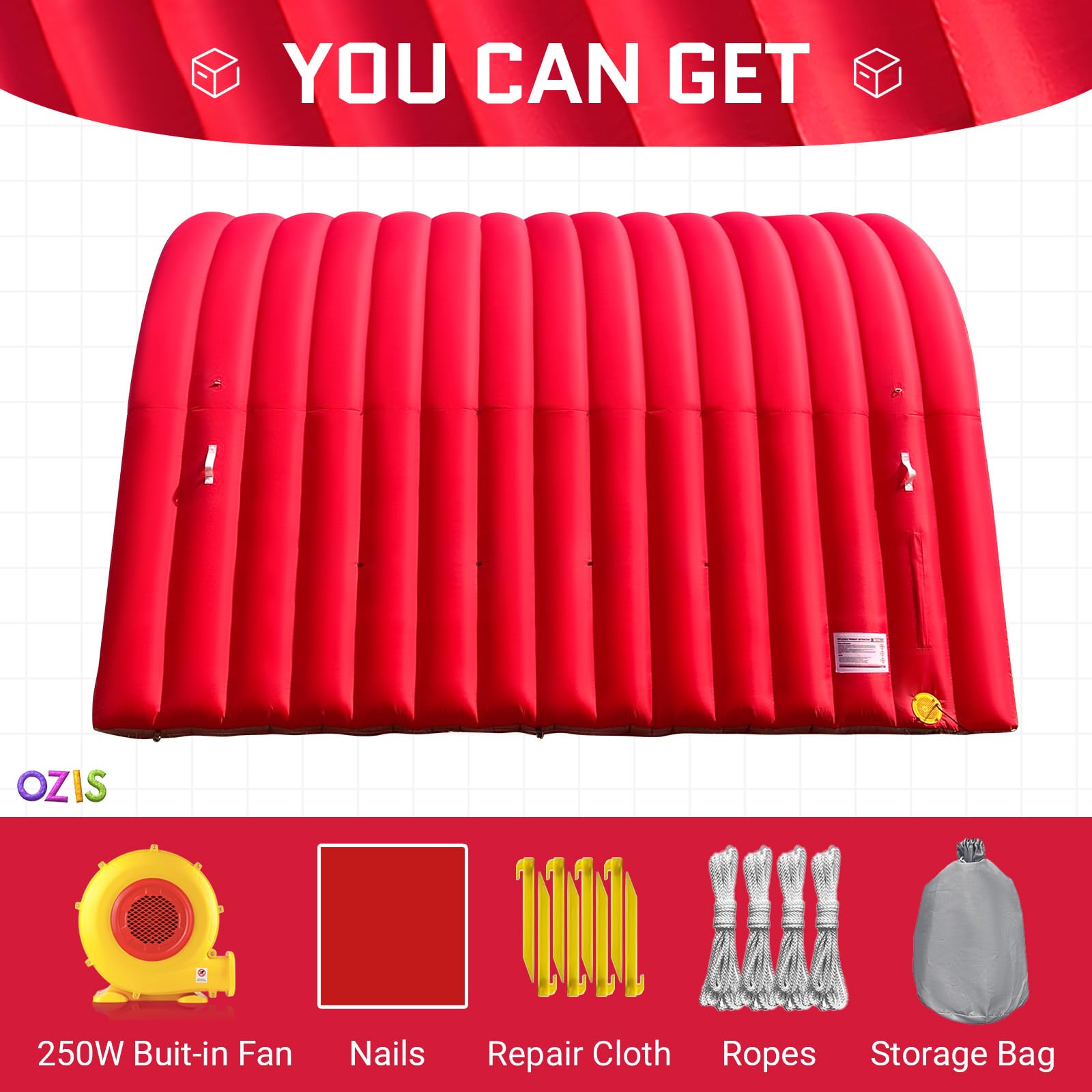 OZIS Inflatable Tunnel Sports Tunnel Entrance with Installed Blower Red 16x10x10ft