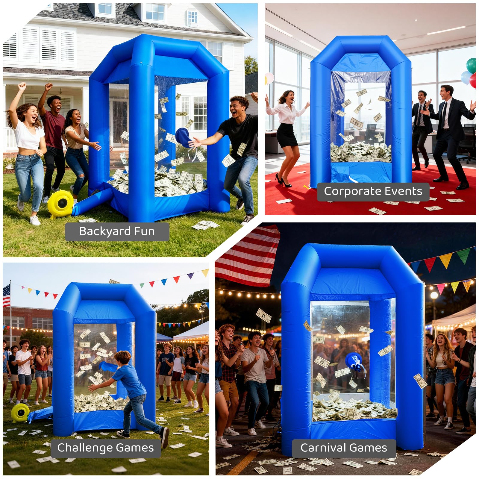 Inflatable Money Blowing Booth 5.2x5.2x8.2FT with 2 Blowers Cash Cube Game for Events