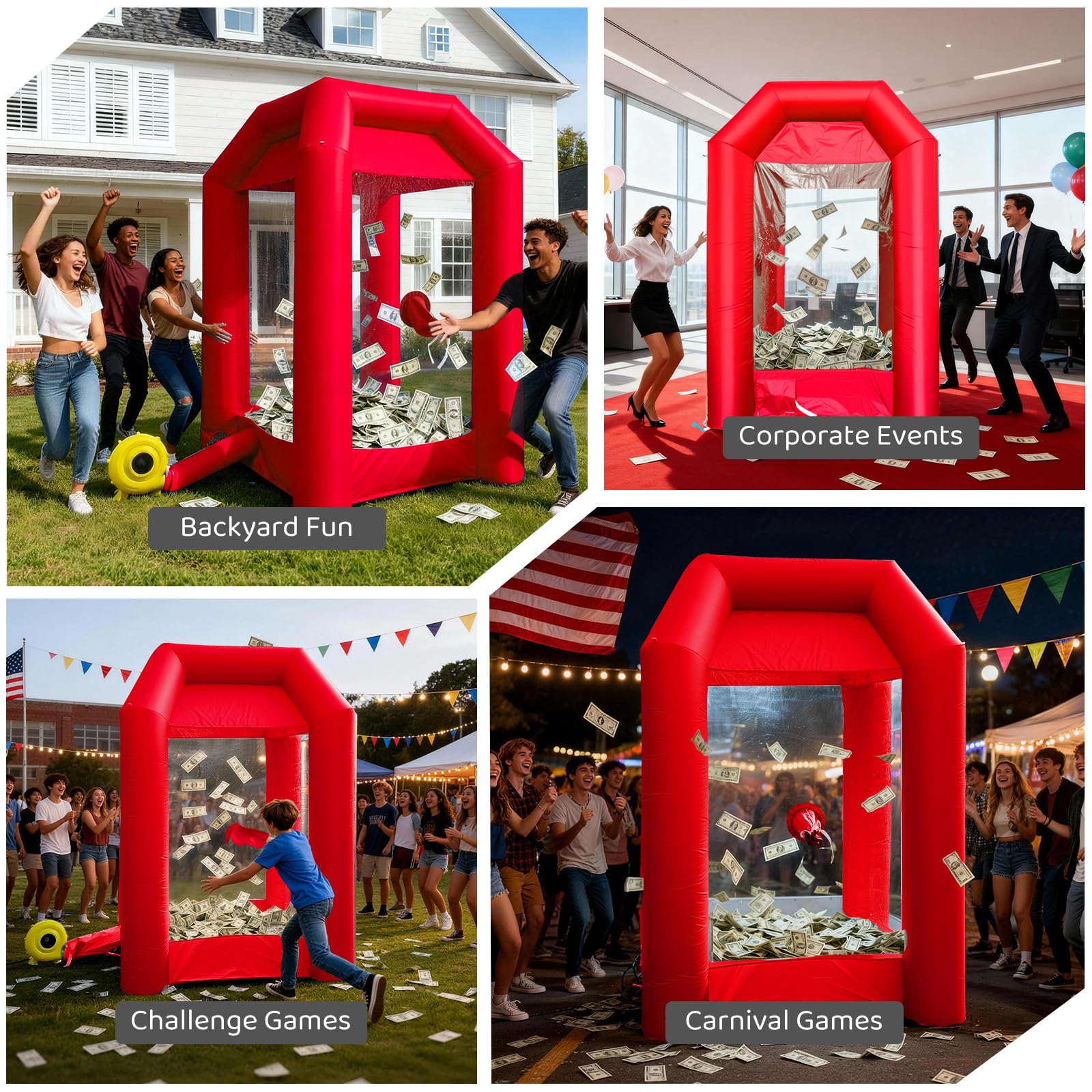 Inflatable Money Blowing Booth 5.2x5.2x8.2FT with 2 Blowers Cash Cube Game for Events
