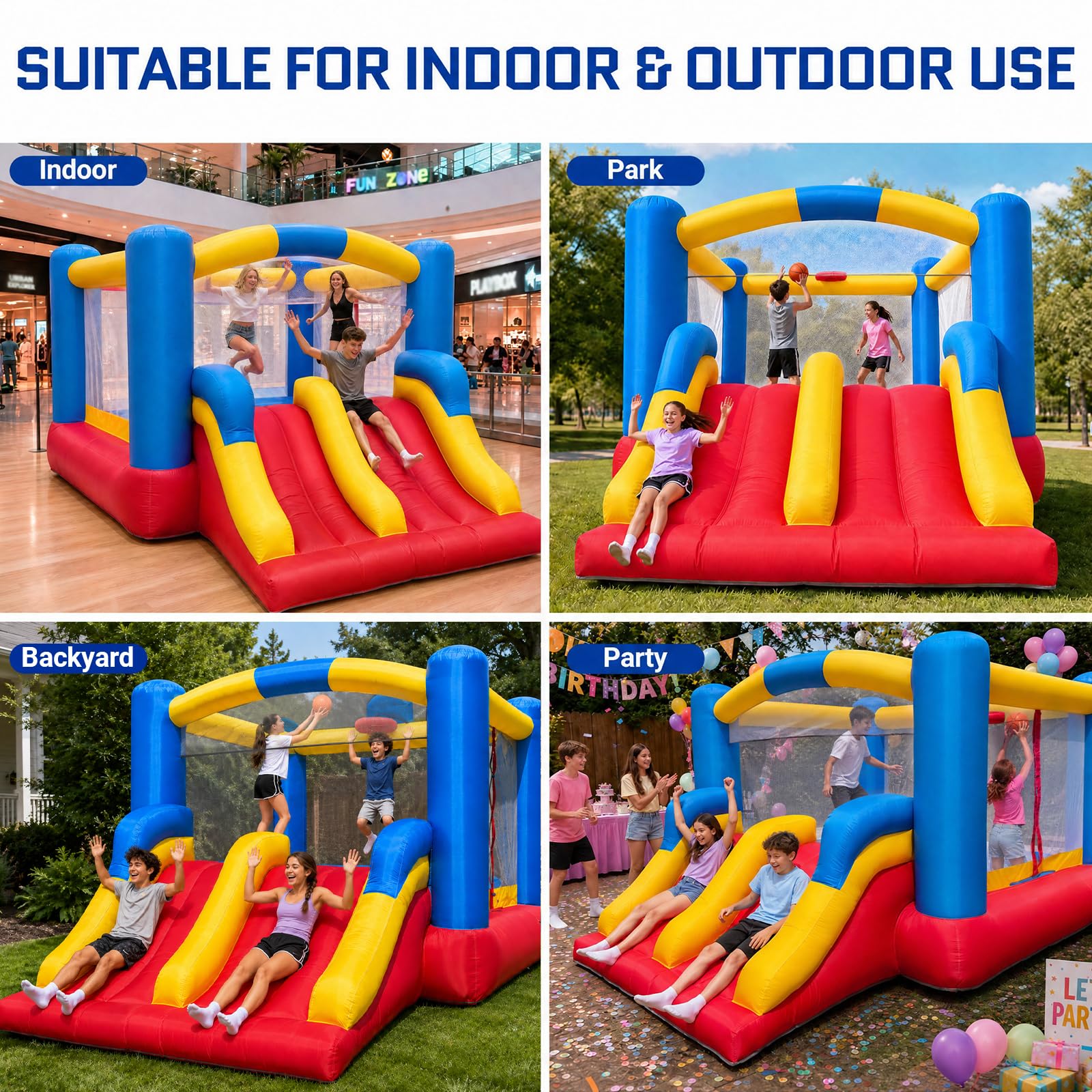 Inflatable Bounce House 12x9Ft with Double Slides & Basketball Hoop for Indoor Outdoor Family Backyard Parties