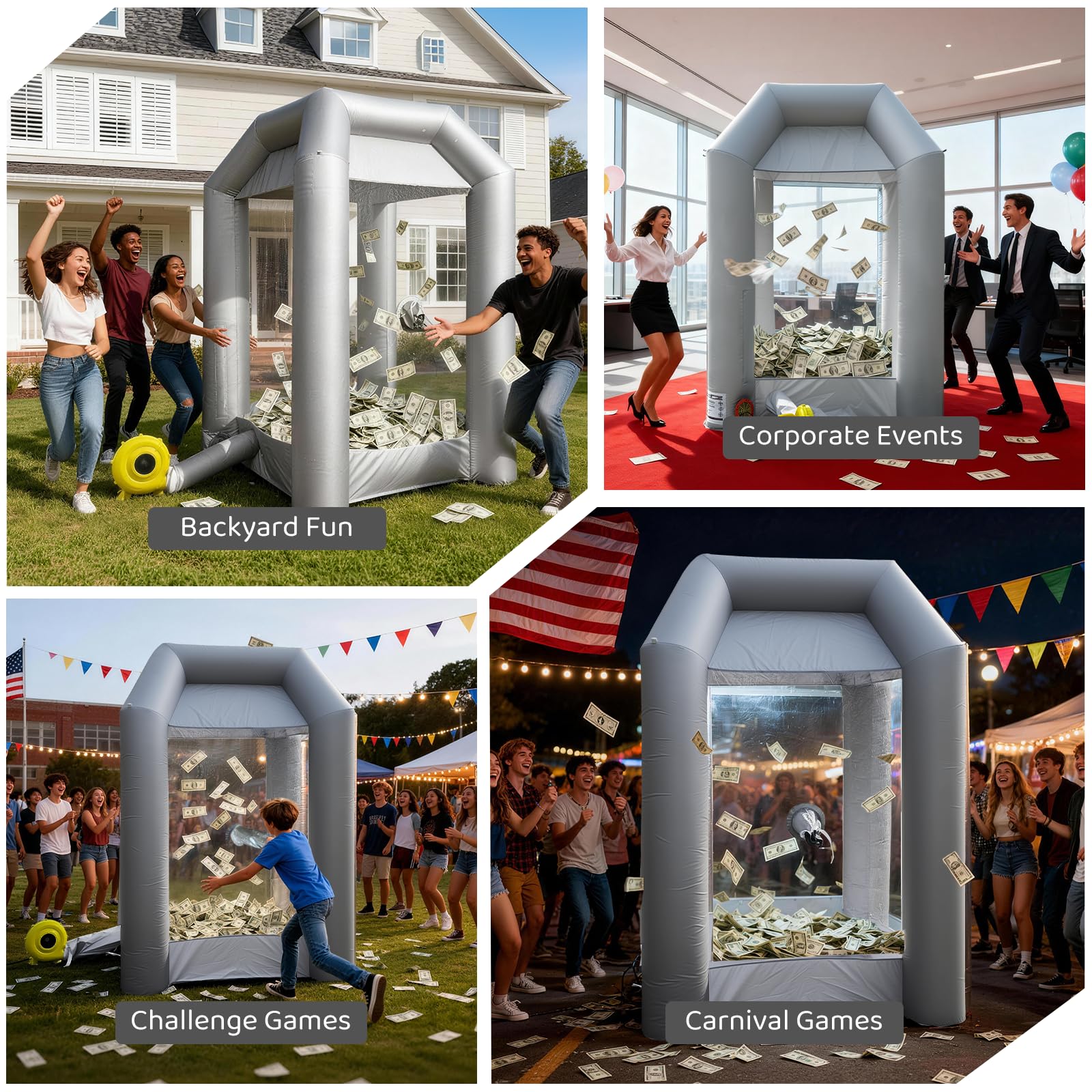 Inflatable Money Blowing Booth 5.2x5.2x8.2FT with 2 Blowers Cash Cube Game for Events