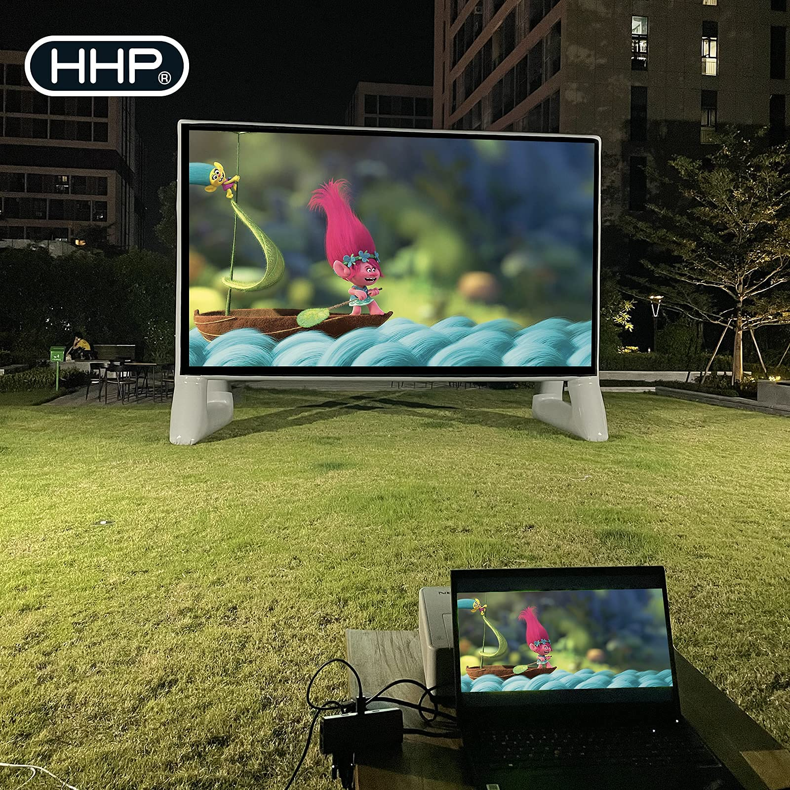 HHP 13Ft Airtight Projector Movie Screen Made of PVC, Waterproof Inflatable Movie Screen No Blower No Noise - Support Front Rear Projection - for Indoor, Outdoor, Pool, Garden and Backyard Parties