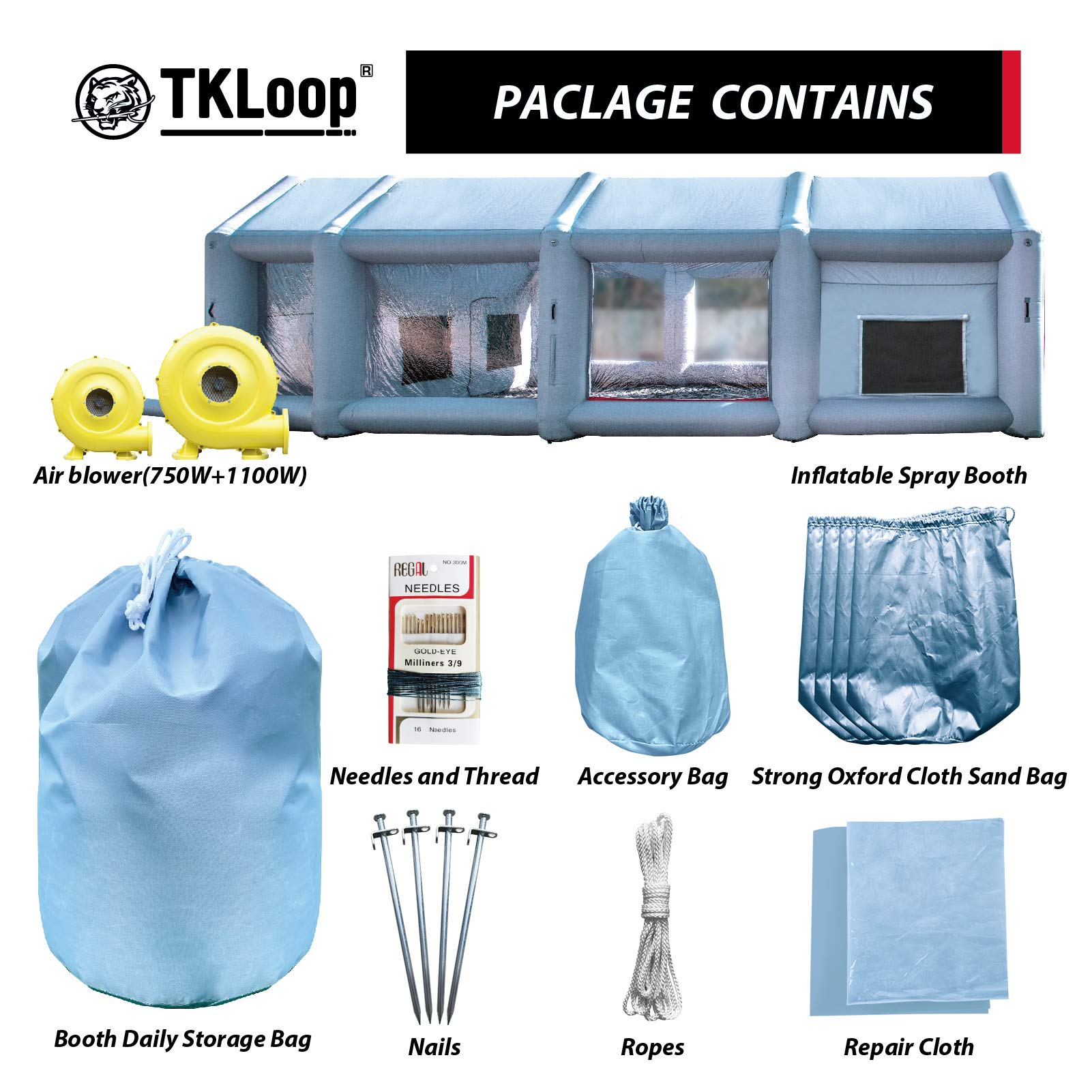 TKLoop Portable Inflatable Paint Booth 33X16.5X11.5Ft with 2 Blowers Inflatable Spray Booth with Air Filter System, Blow Up Spray Booth Tent (750W+1100W)