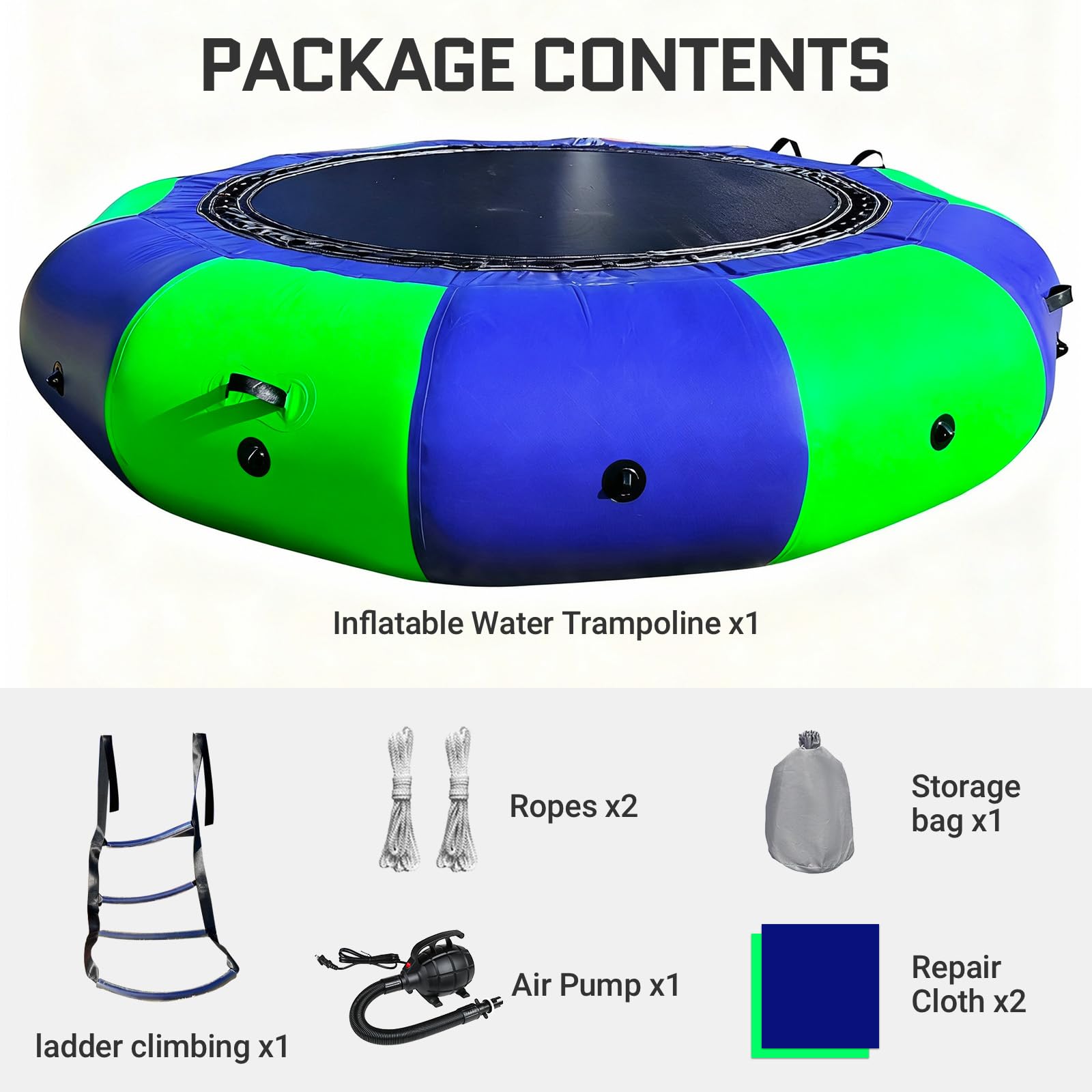 Inflatable Water Trampoline 10Ft Recreational Water Bouncer with Rope Ladder for Lake, Pools