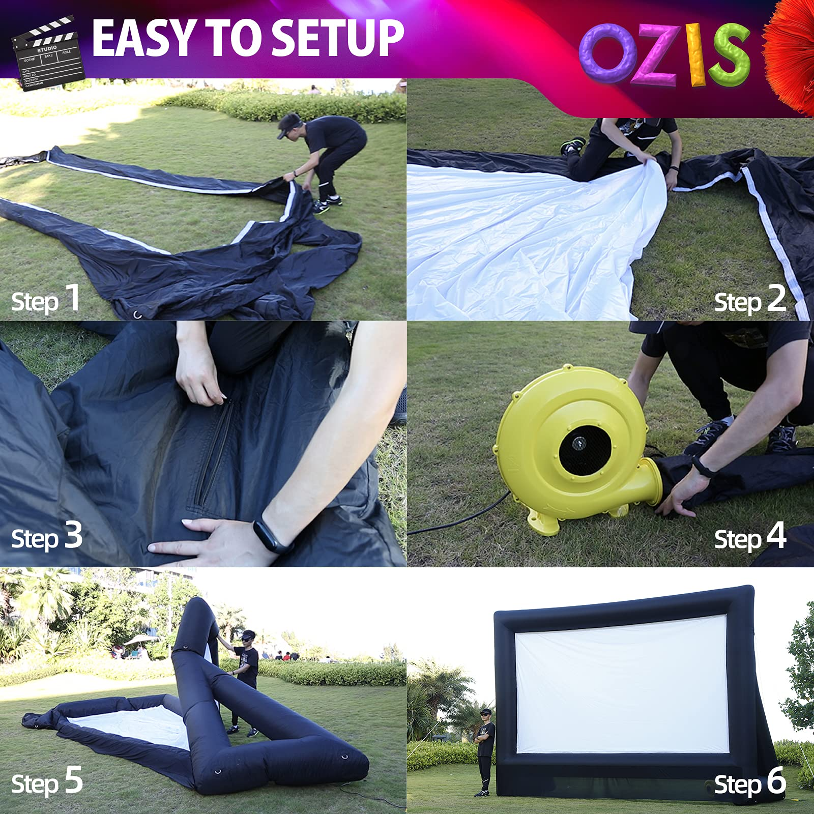 OZIS 25Ft Inflatable Outdoor and Indoor Movie Projector Screen - Blow up Mega Cinema Theater Projector Screen with Blower - Supports Front and Rear Projection - for Backyard Party Barbecue Travel