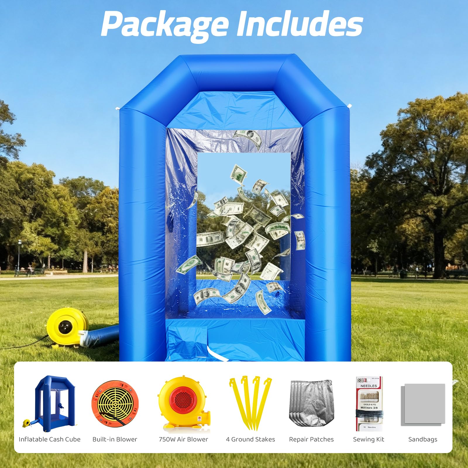 Inflatable Money Blowing Booth 5.2x5.2x8.2FT with 2 Blowers Cash Cube Game for Events