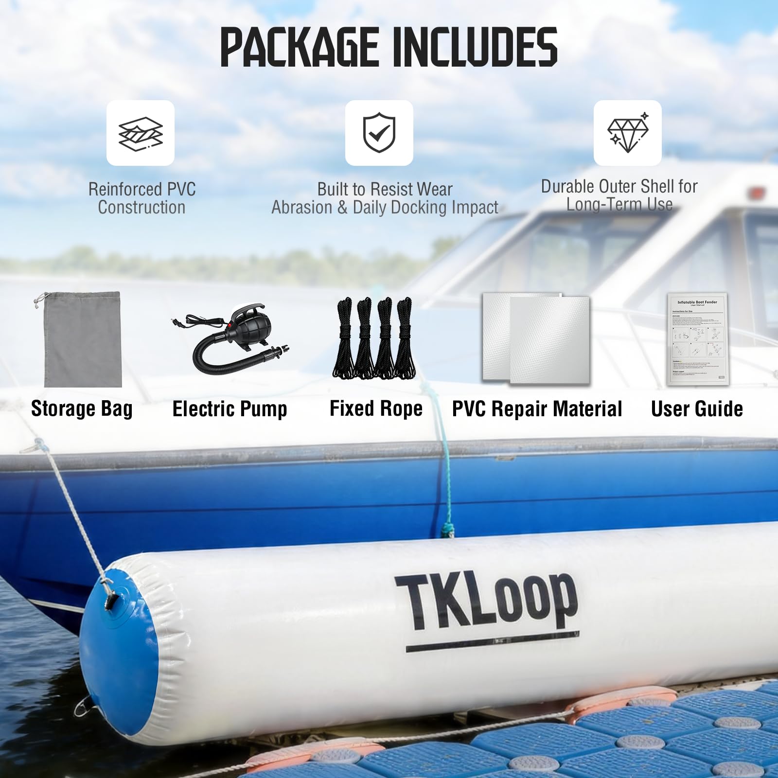 Inflatable Boat Fender Dock Bumper with Electric Pump – Marine-Grade PVC Protection for Pontoon Boats, Yachts & Fishing Boats