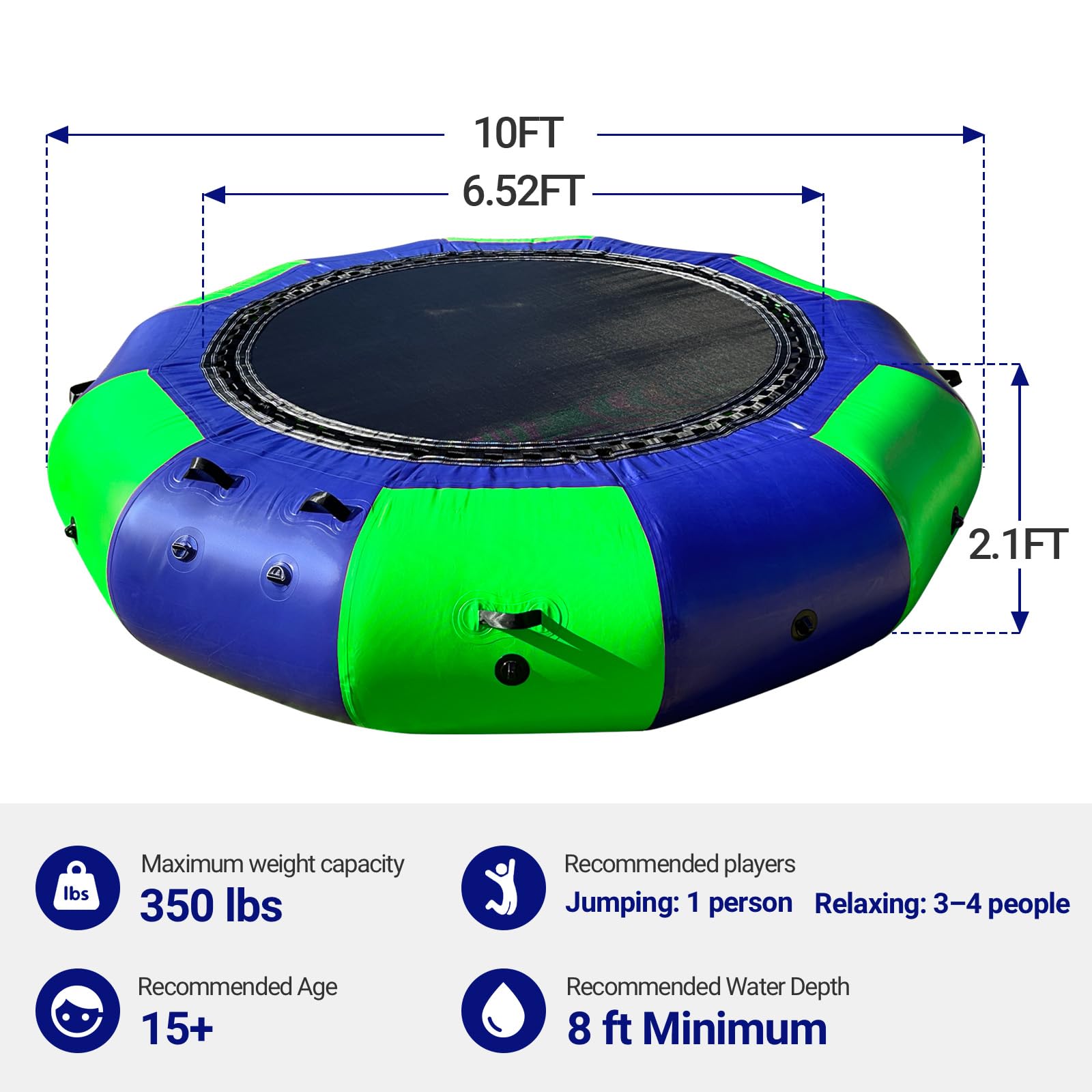 Inflatable Water Trampoline 10Ft Recreational Water Bouncer with Rope Ladder for Lake, Pools