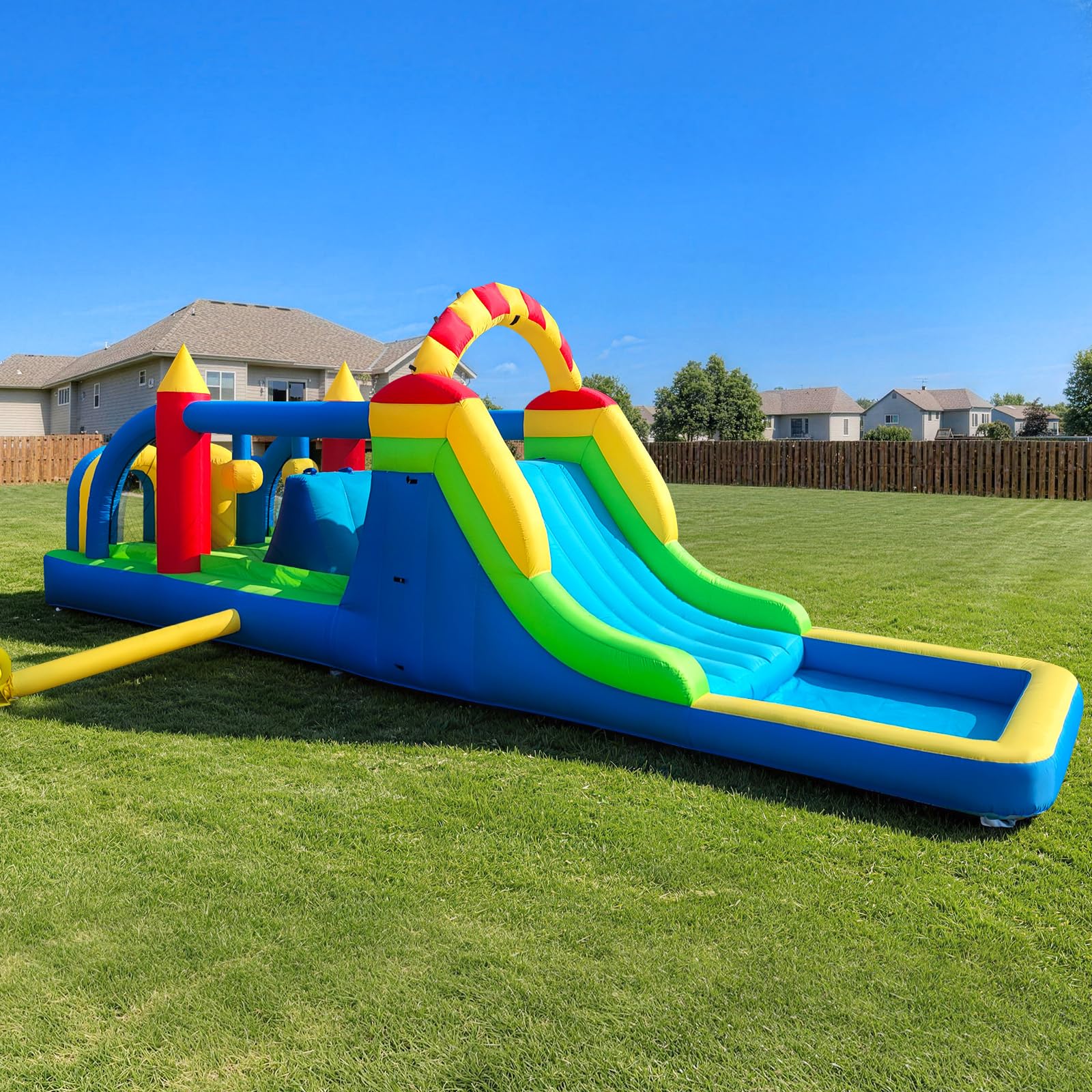 Inflatable Obstacle Course 24Ft for Kids – Bounce House with Tunnel, Climbing Wall, Slide & Jumping Area