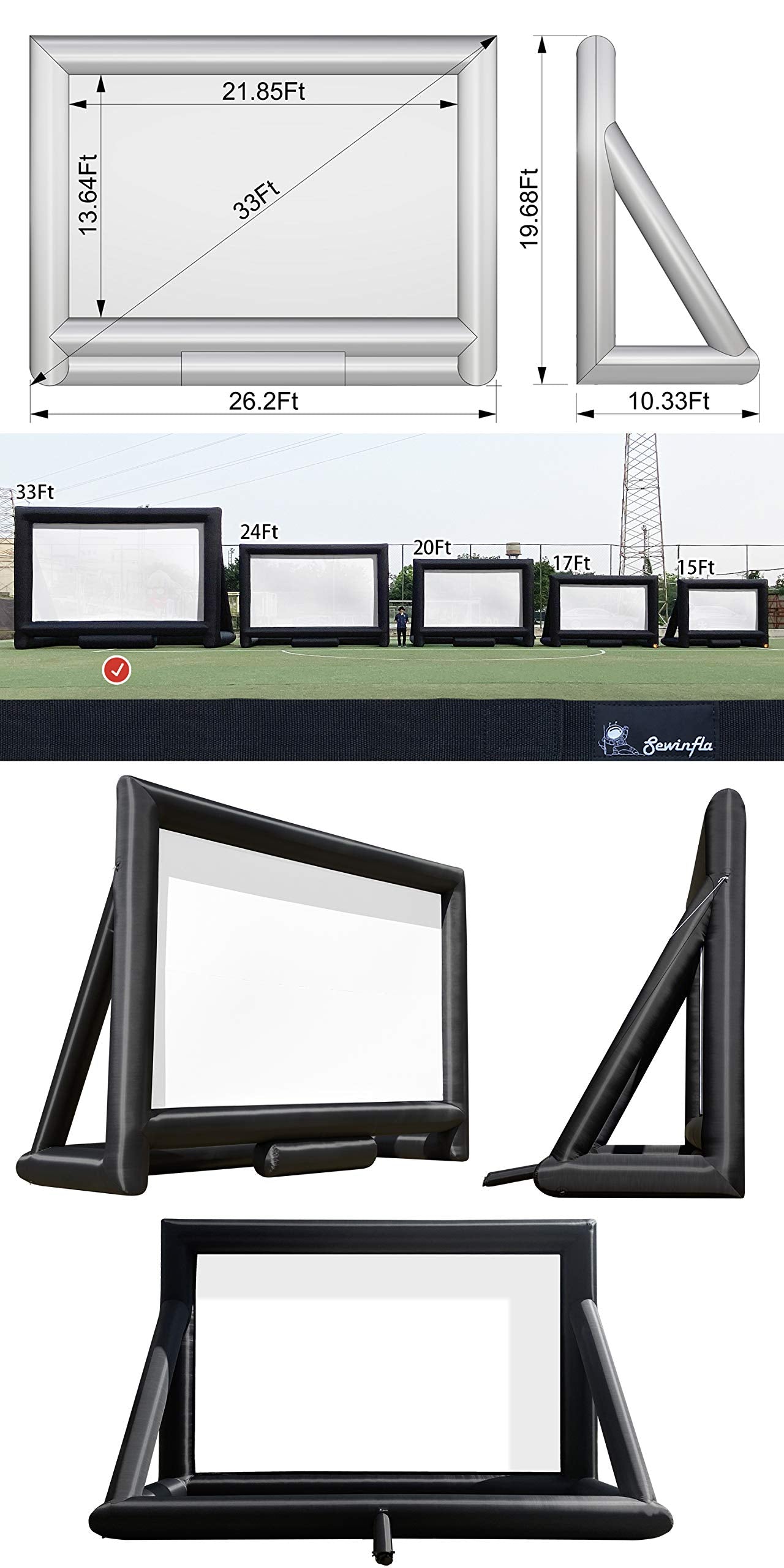 Sewinfla 33Ft Giant Inflatable Movie Screen with Blower - Front and Rear Projection - Blow Up Outdoor and Indoor Projector Screen for Party, Easy to Set Up