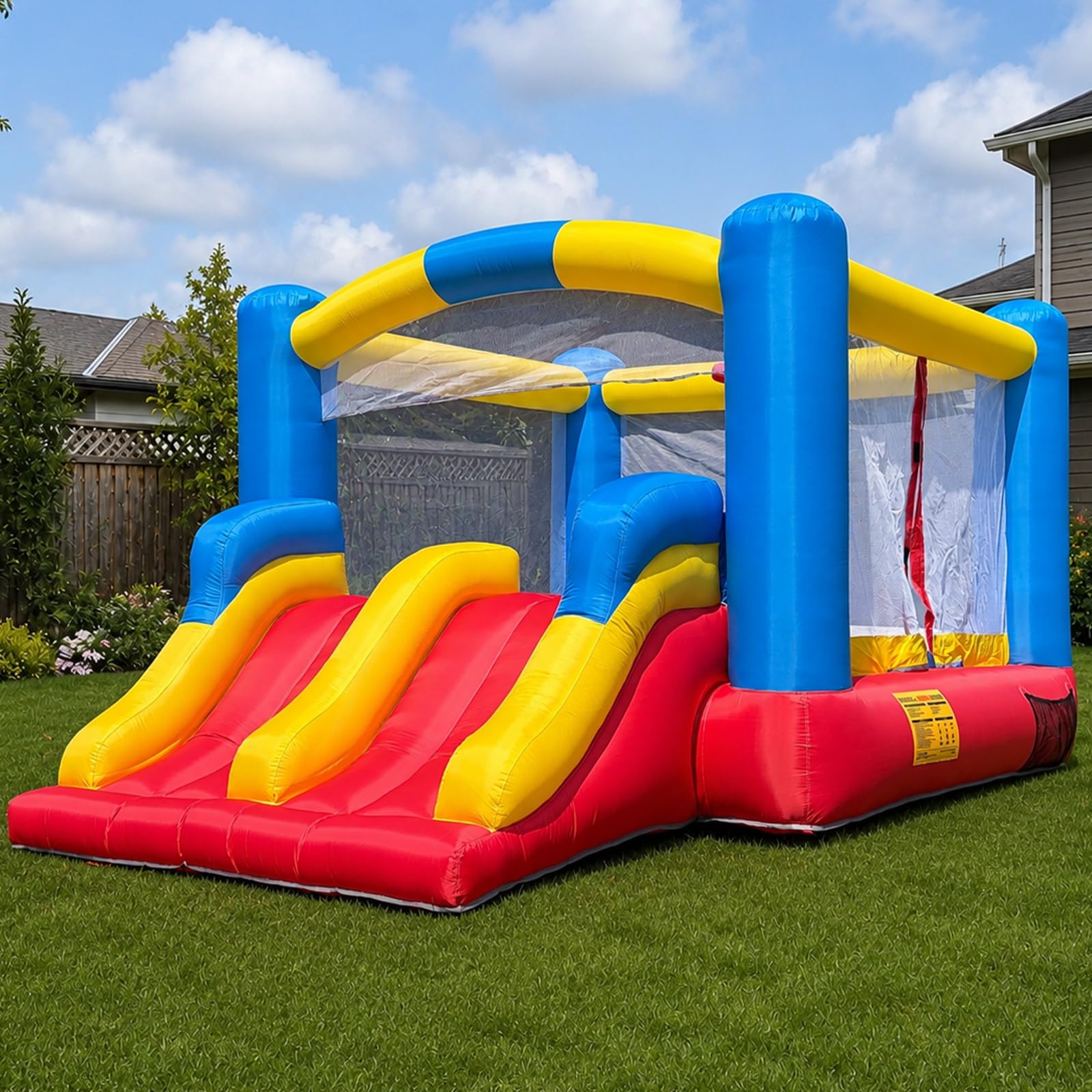 Inflatable Bounce House 12x9Ft with Double Slides & Basketball Hoop for Indoor Outdoor Family Backyard Parties