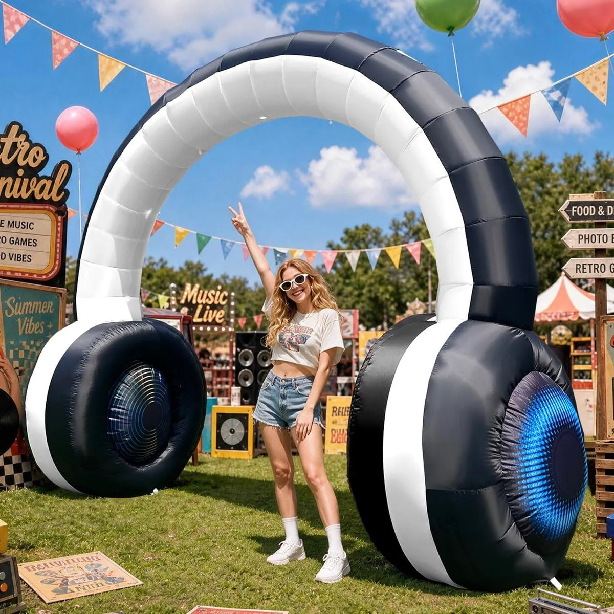 Inflatable Headphones Arch 9Ft with LED Lights for 80's 90's Party Decoration and Music Event
