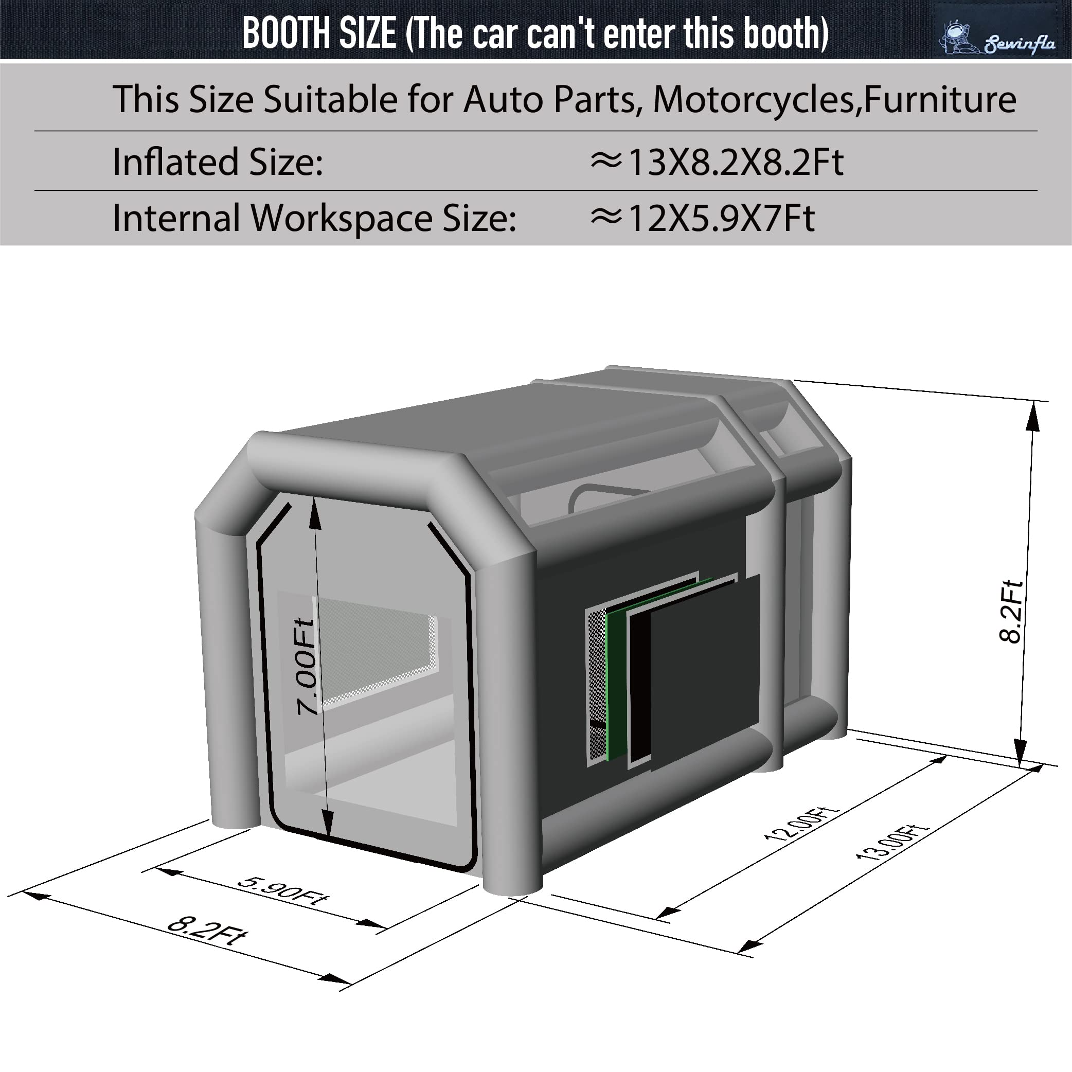 Sewinfla Professional Inflatable Paint Booth 13x8.2x8.2Ft with 2 Blowers (370W+550W) & Air Filter System Portable Paint Booth Tent Garage Inflatable Spray Booth Painting for Parts,Motorcycles