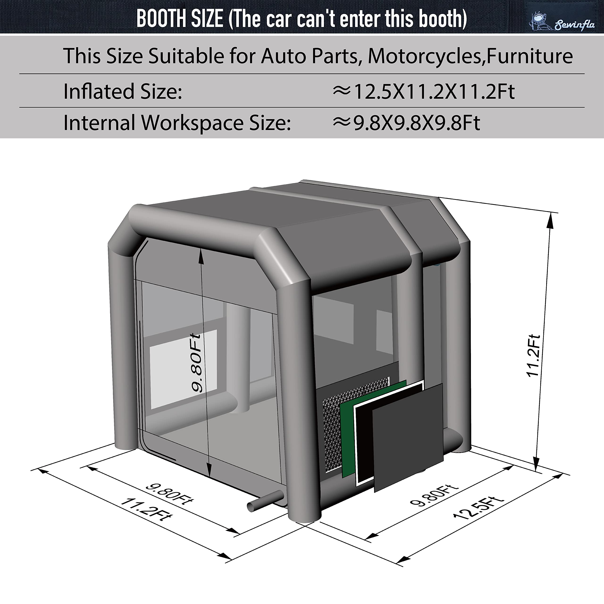 Sewinfla Professional Inflatable Paint Booth 12.5x11.2x11.2Ft with 2 Blowers (480W+750W) & Air Filter System Portable Paint Booth Tent Garage Inflatable Spray Booth Painting for Parts,Motorcycles