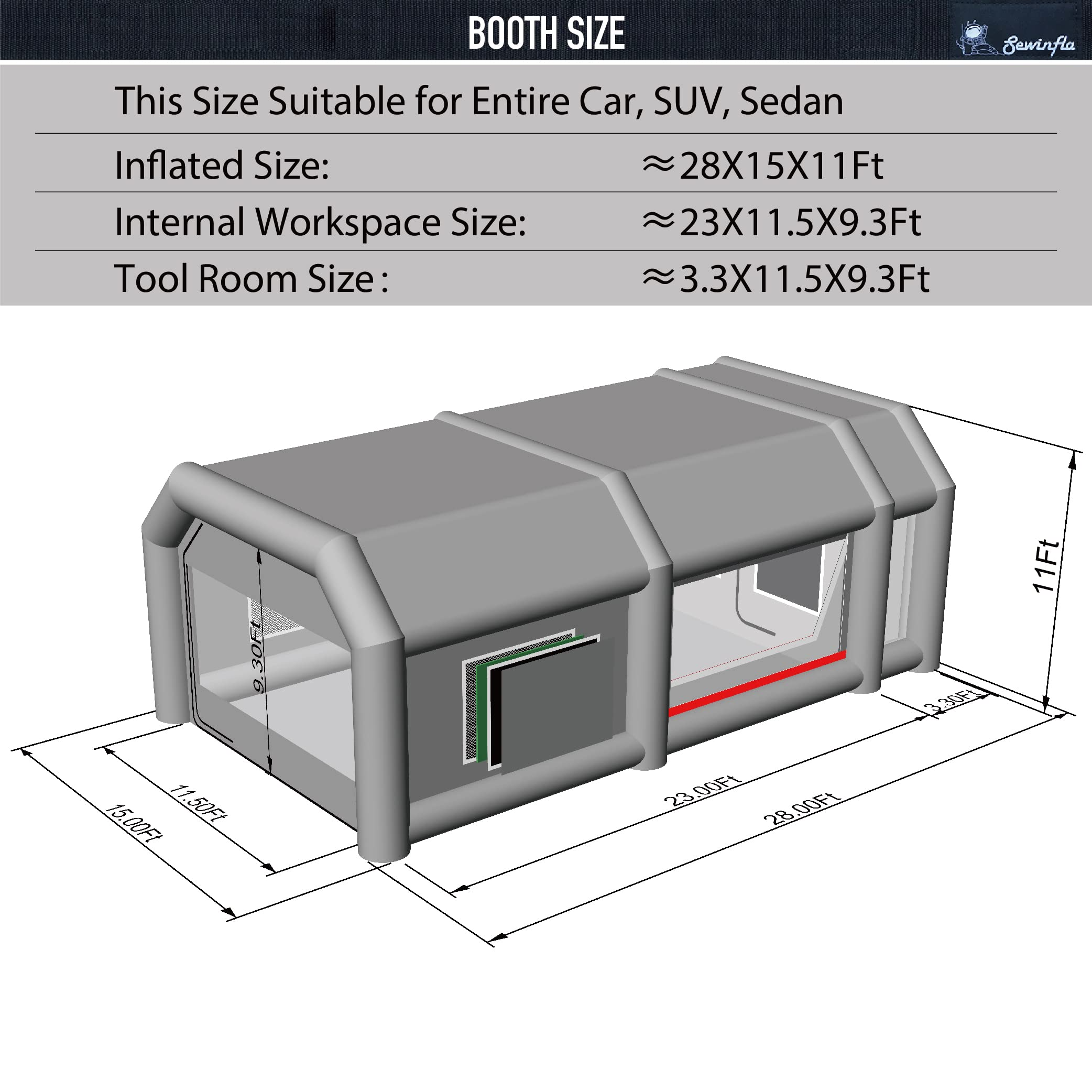 Sewinfla Professional Inflatable Paint Booth 28x15x11Ft with 2 Blowers (950W+950W) & Air Filter System Portable Paint Booth Tent Garage Inflatable Spray Booth Painting for Cars