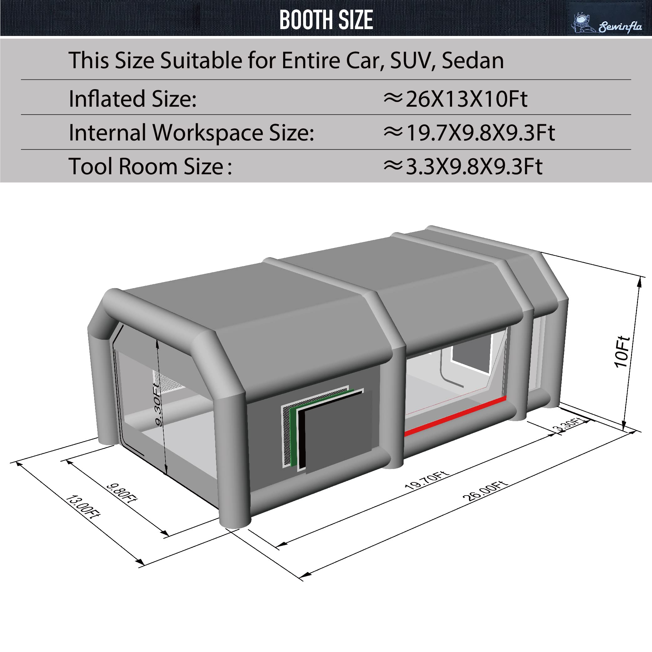 Sewinfla Professional Inflatable Paint Booth 26x13x10Ft with 2 Blowers (480W+950W) & Air Filter System Portable Paint Booth Tent Garage Inflatable Spray Booth Painting for Cars