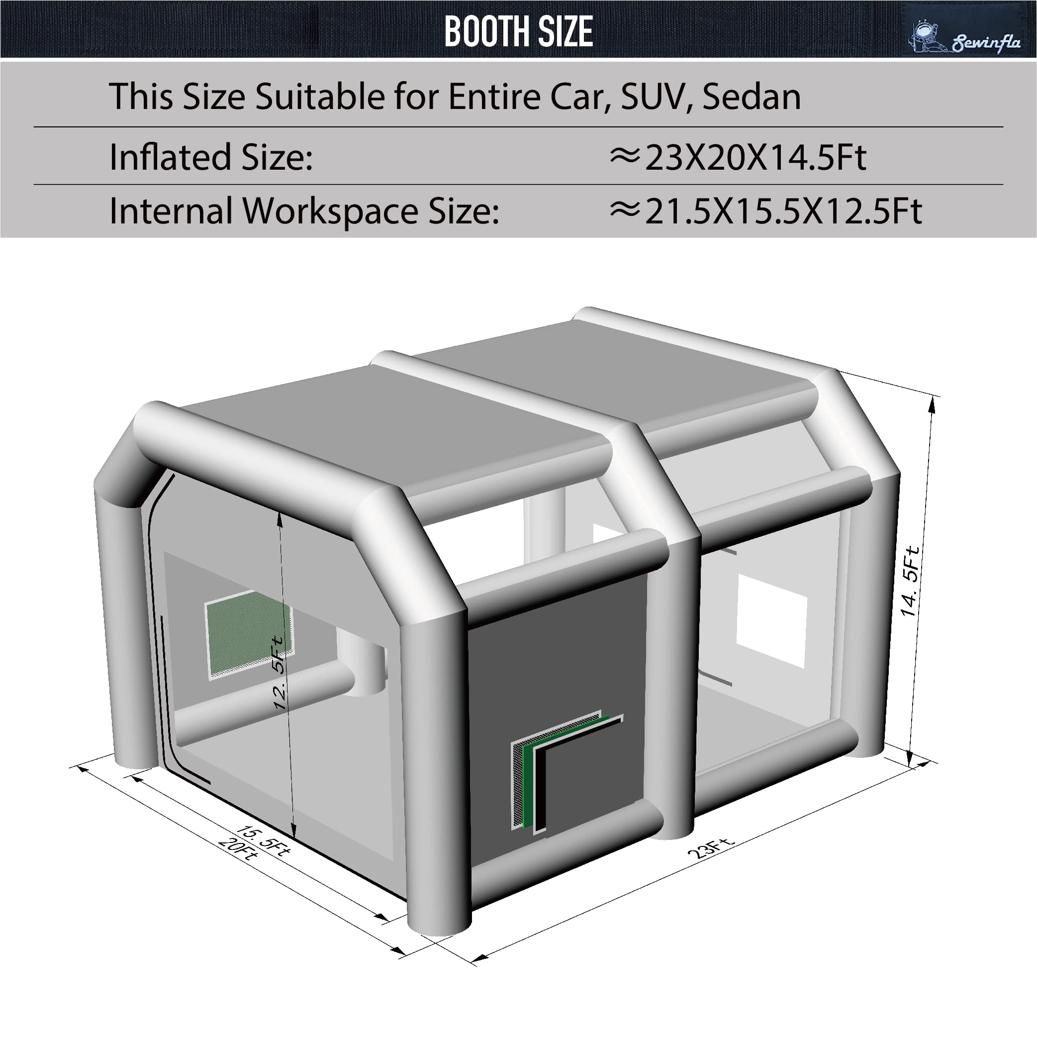 Sewinfla Professional Inflatable Paint Booth 23x20x14.5Ft with 2 Blowers (750W+950W) & Air Filter System Portable Paint Booth Tent Garage Inflatable Spray Booth Painting for Cars