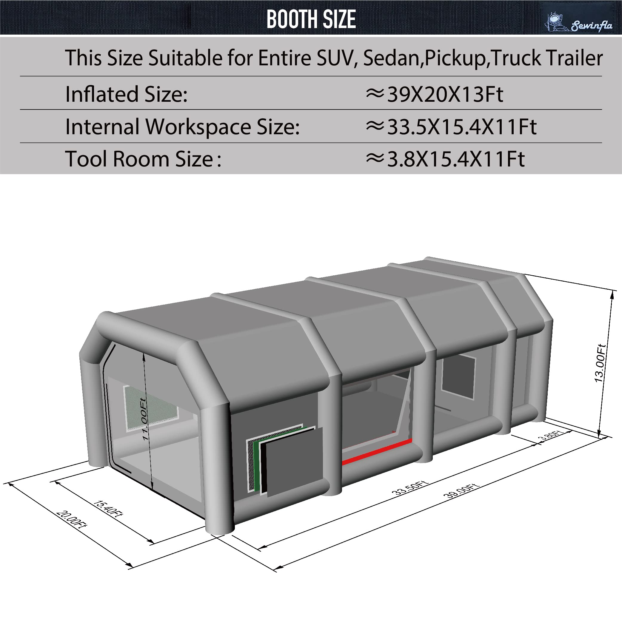 Sewinfla Professional Inflatable Paint Booth 39x20x13Ft with 2 Blowers (1100W+950W) & Air Filter System Portable Paint Booth Tent Garage Inflatable Spray Booth Painting for Cars